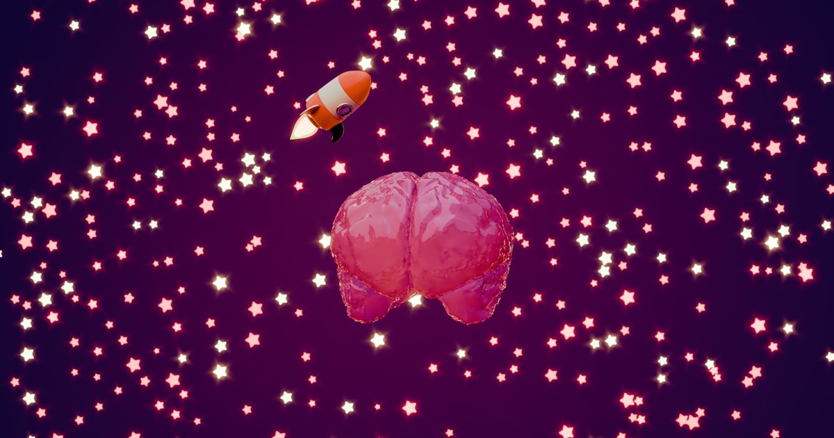Rocket ship blasts off from a brain in space.