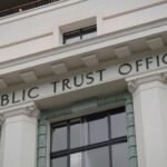 Public trust office building facade with columns