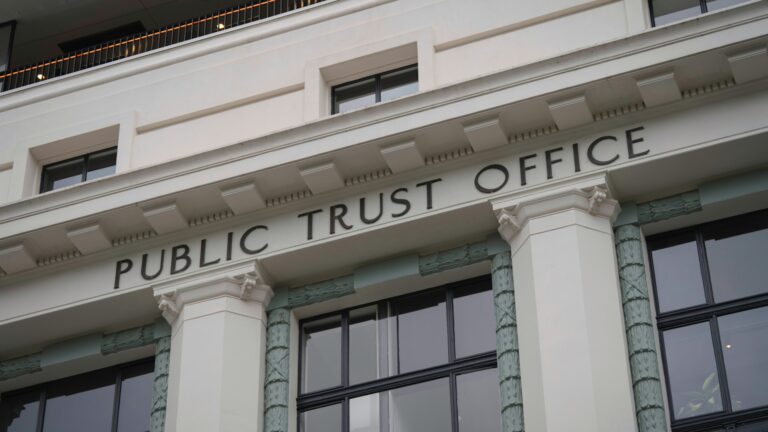 Public trust office building facade with columns